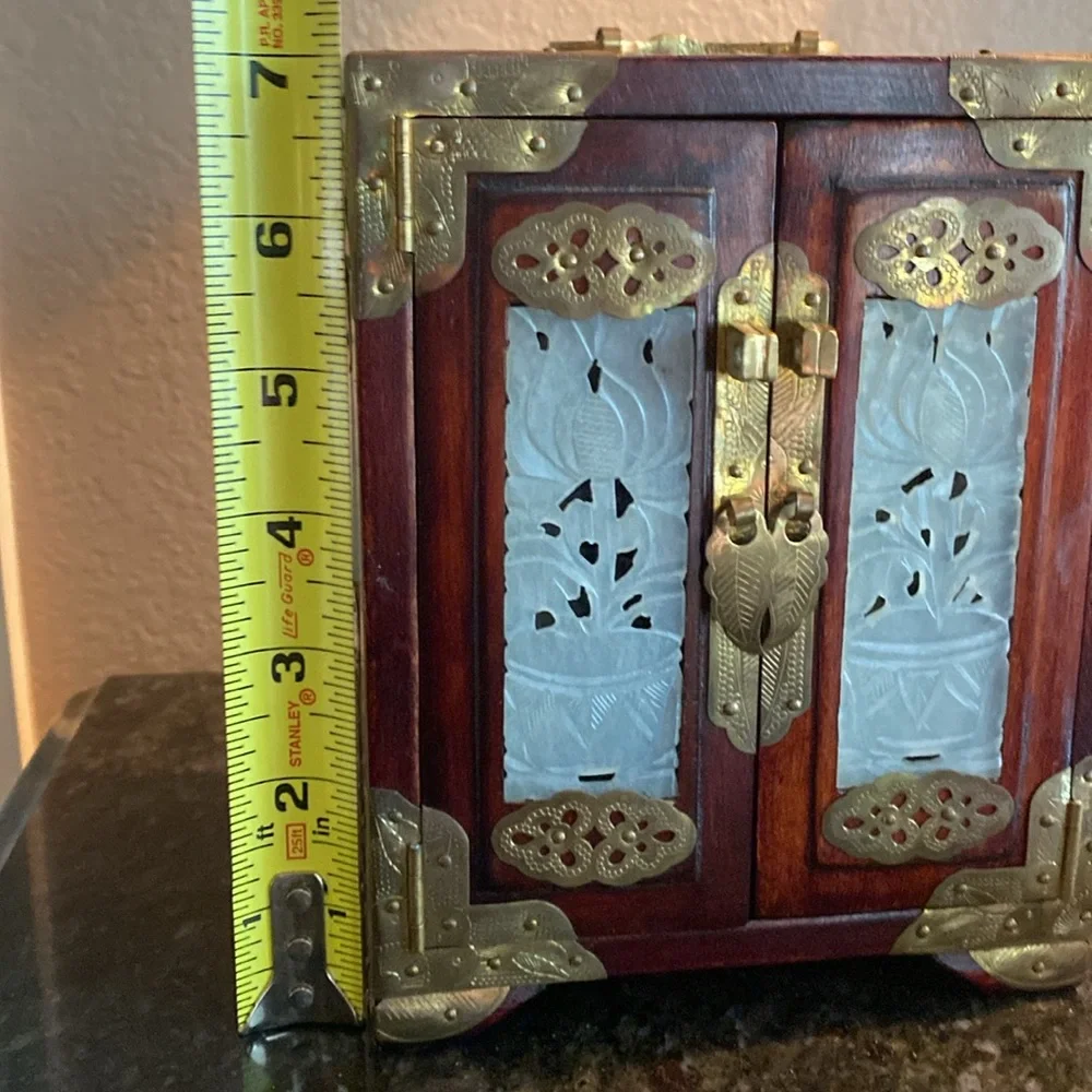 Antique Chinese Rosewood Jade Inlay Brass Hardware Wooden Jewelry Box